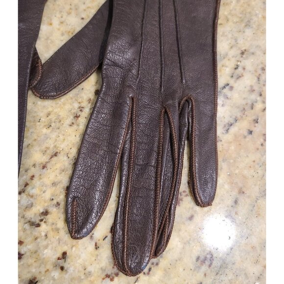Vintage Size XS 5 3/4 Brown Soft Leather Formal 10" Long Gloves Scallop Edge - Picture 3 of 12